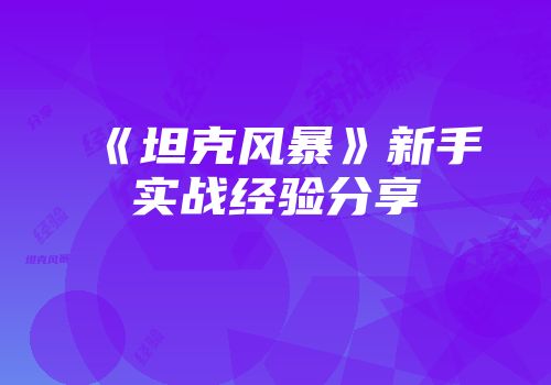 《坦克风暴》新手实战经验分享