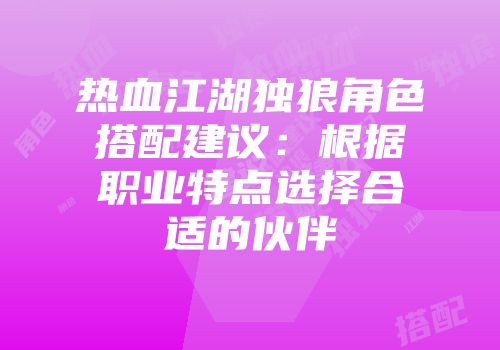 热血江湖独狼角色搭配建议:根据职业特点选择合适的伙伴