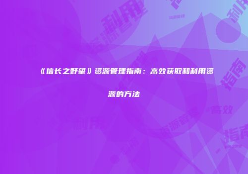 《信长之野望》资源管理指南：高效获取和利用资源的方法