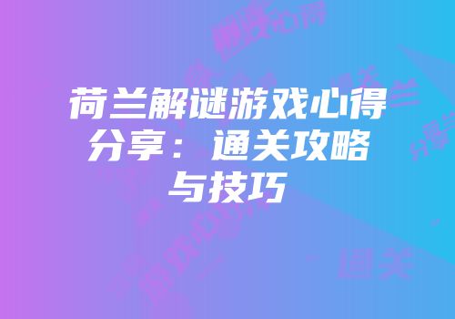 荷兰解谜游戏心得分享：通关攻略与技巧